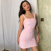 Fuzzy Faux Fur Solid Color Sleeveless Bodycon Mini Dress - Pink